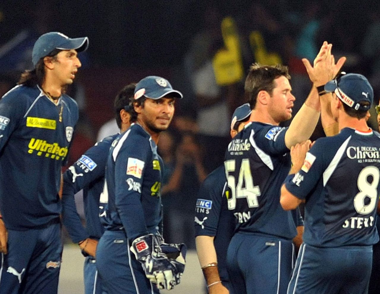 Deccan Chargers get-together after Eoin Morgan's dismissal, Deccan Chargers v Kolkata Knight Riders, IPL 2011, Hyderabad, May 3, 2011