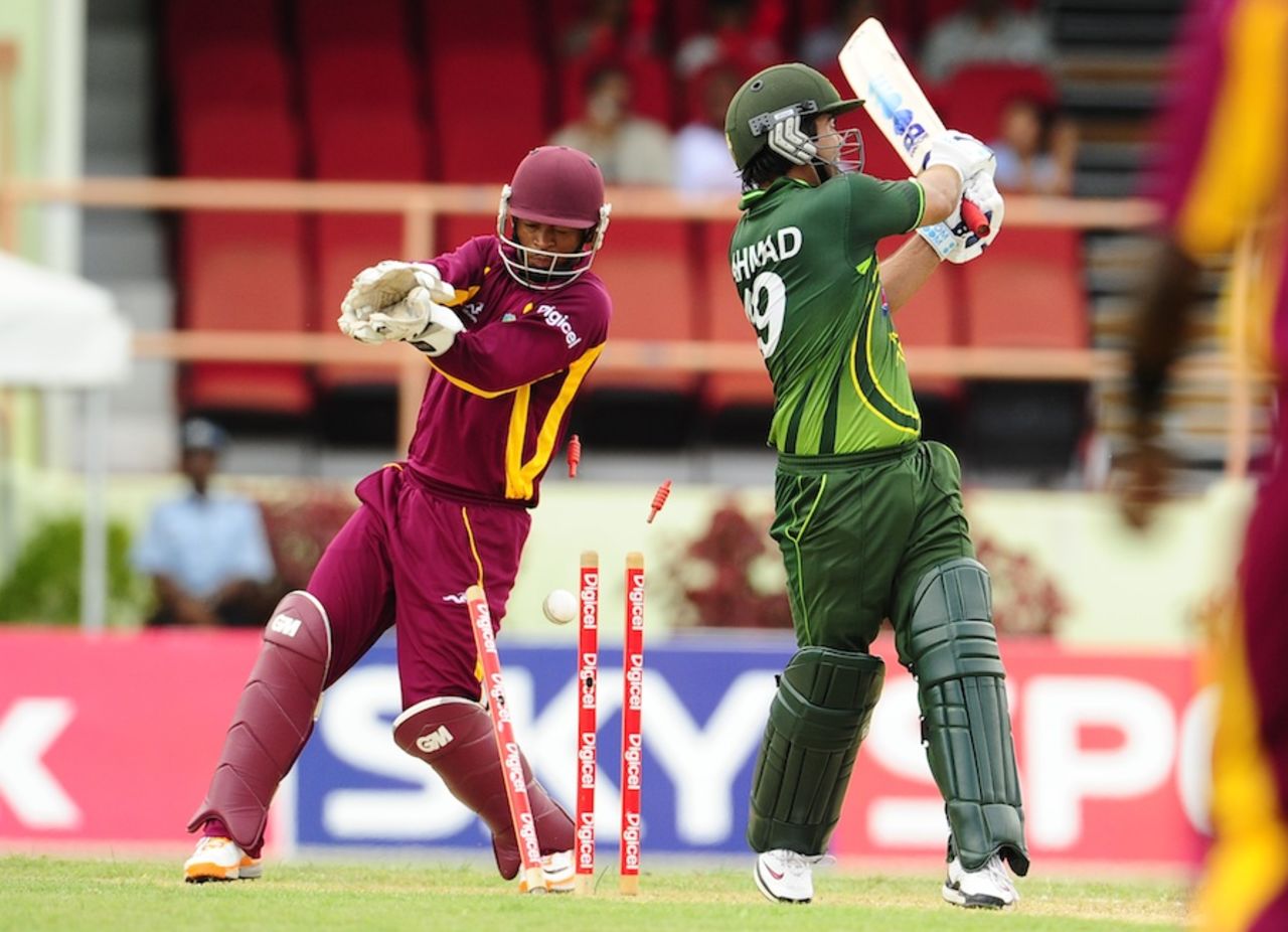 Ahmed Shehzad is bowled, West Indies v Pakistan, 5th ODI, Providence, Guyana, May 5, 2011