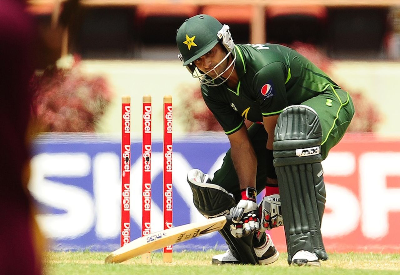 Mohammad Hafeez was bowled for 55, West Indies v Pakistan, 5th ODI, Providence, Guyana, May 5, 2011