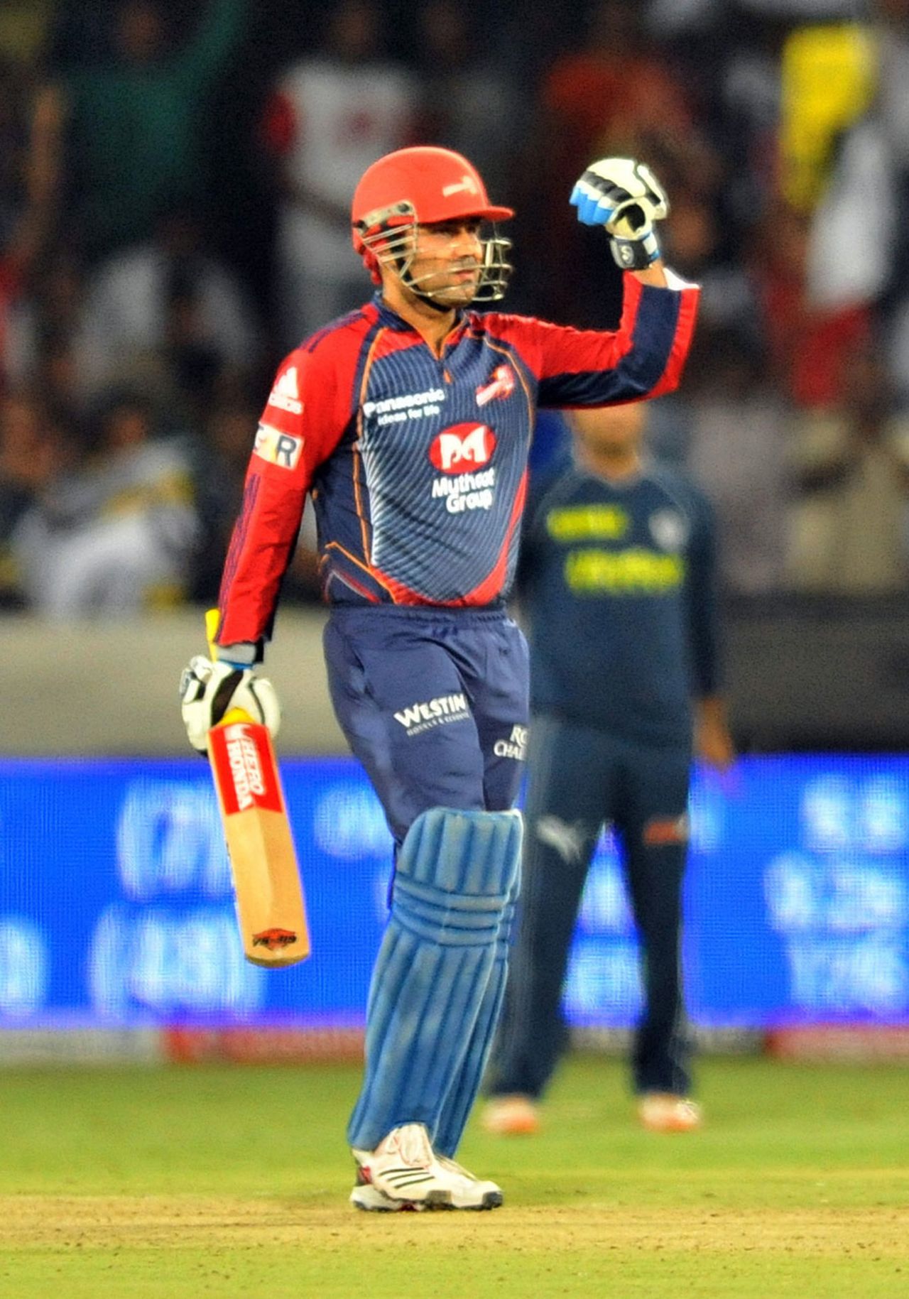 Virender Sehwag celebrates his 48-ball ton, Deccan Chargers v Delhi Daredevils, IPL 2011, Hyderabad, May 5, 2011