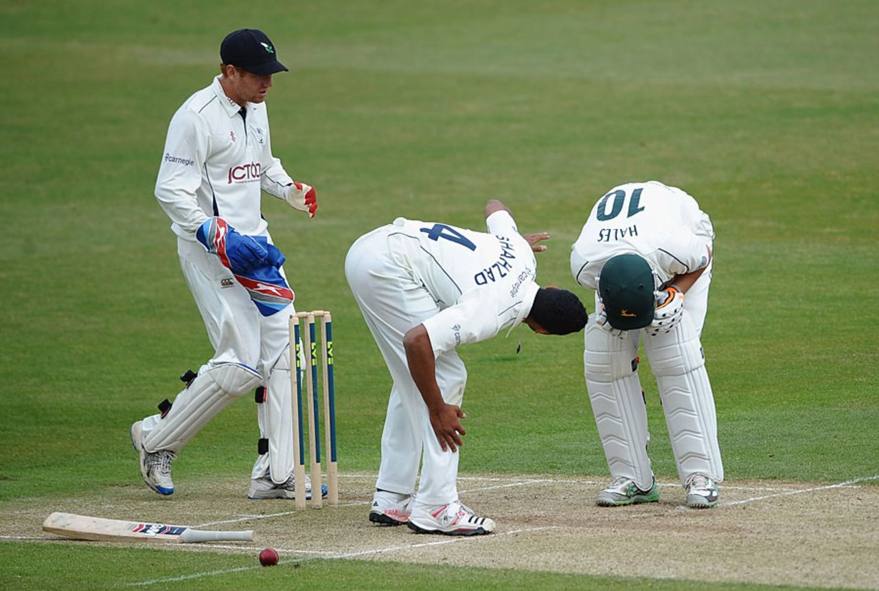 Alex Hales took a blow from Ajmal Shahzad and had to retire hurt, Nottinghamshire v Yorkshire, County Championship, Division One, Trent Bridge, May 6, 2011