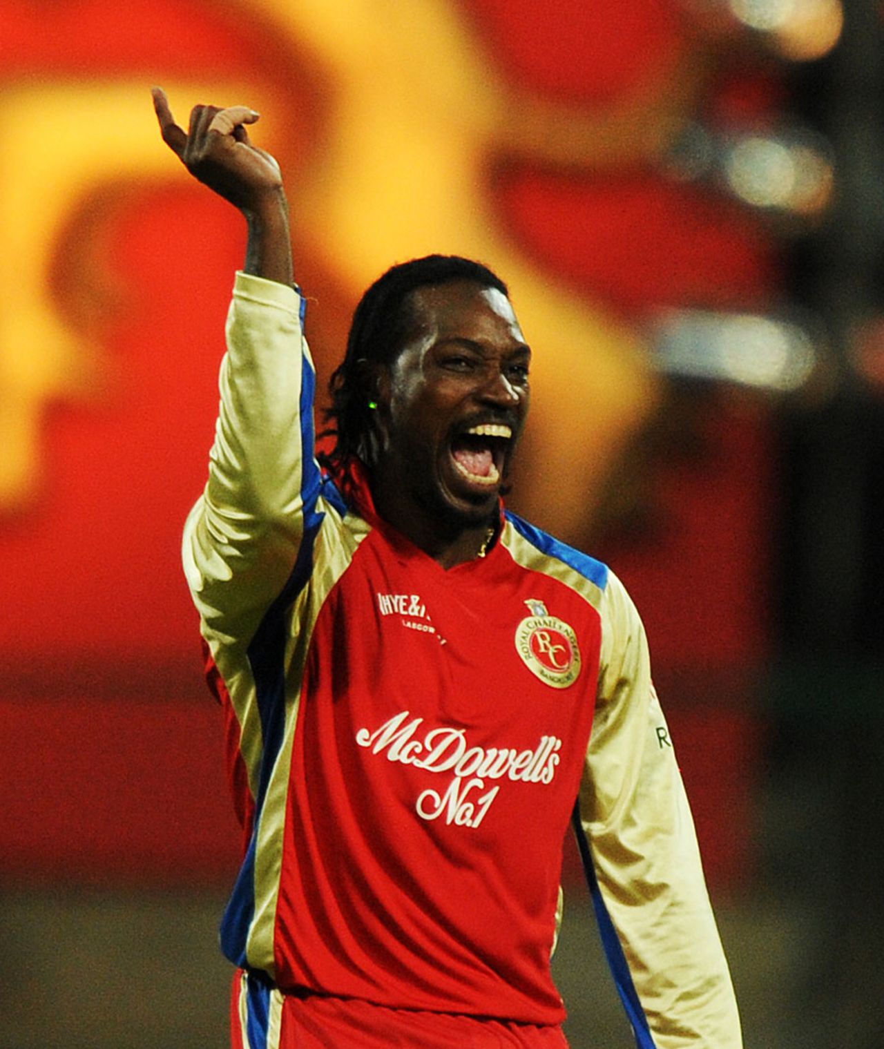 Chris Gayle is pumped after trapping Dinesh Karthik lbw, Royal Challengers Bangalore v Kings XI Punjab, IPL 2011, Bangalore, May 6, 2011