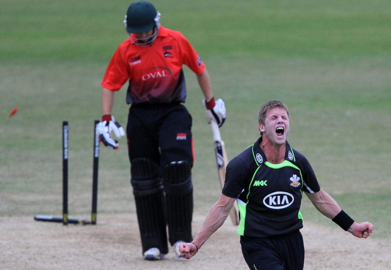 Stuart Meaker celebrates the wicket that sealed Surrey's victory, Surrey v Leicestershire, CB40, The Oval, May 8, 2011