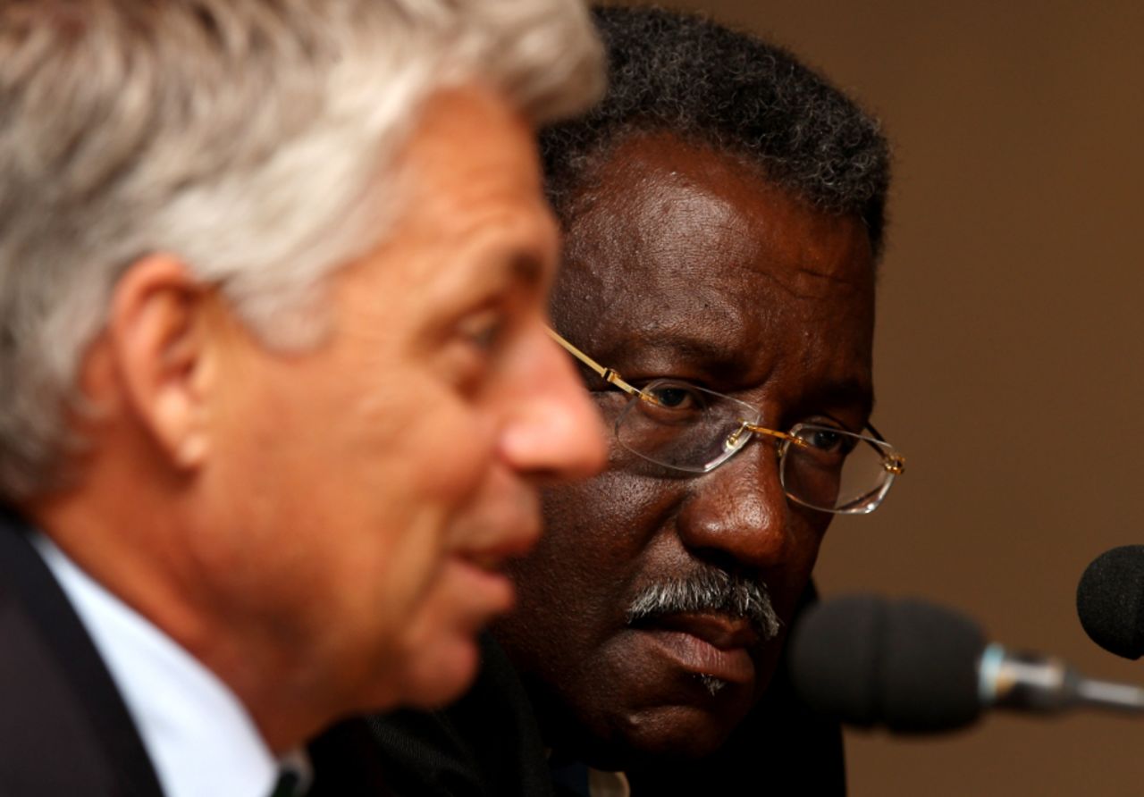 Dave Richardson, ICC's general manager of cricket, and Clive Lloyd, Chairman of the Cricket Committee, speak to the media at Lord's, May 11 2011
