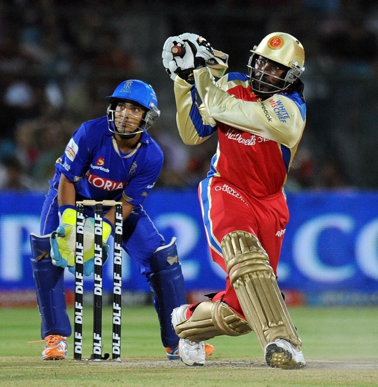 Chris Gayle aims for the midwicket boundary, Rajasthan Royals v Royal Challengers Bangalore, IPL 2011, Jaipur, May 11, 2011