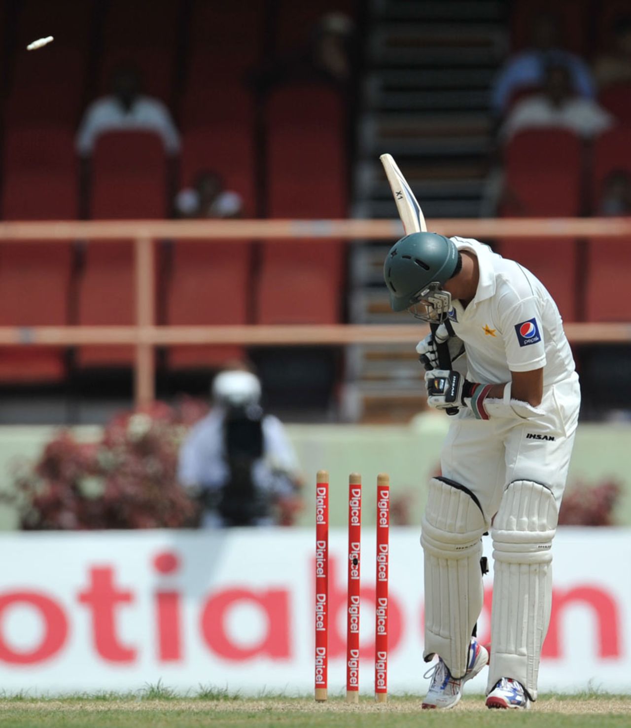 Azhar Ali was bowled after leaving an incutter from Darren Sammy, West Indies v Pakistan, 1st Test, Providence, 2nd day, May 13, 2011