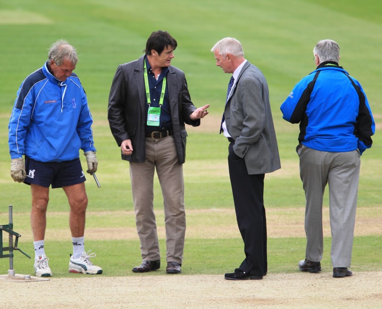 Warwickshire's Head Groundsman Steve Rouse and ECB officials check the wicket at Edgbaston, Warwickshire v Worcestershire, County Championship, Division One, Edgbaston, May 13, 2011