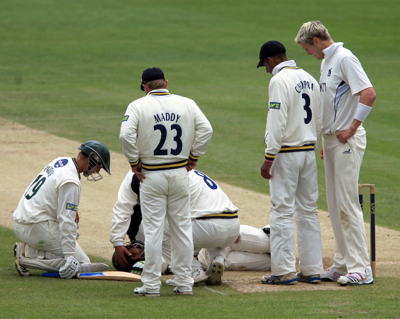 Vikram Solanki is attended to after ducking into a bouncer from Boyd Rankin, Warwickshire v Worcestershire, County Championship Division One, Edgbaston, May 13 2011