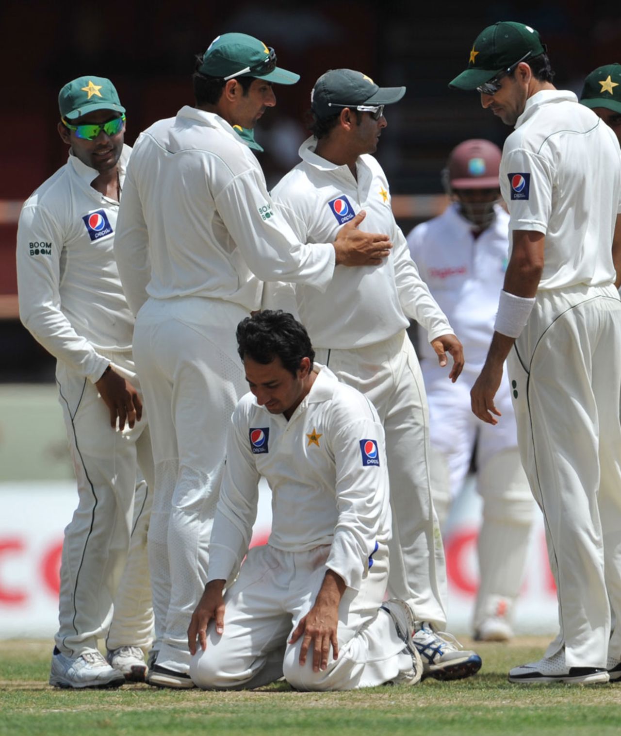 Saeed Ajmal reacts to completing his first ten-wicket haul in Tests, West Indies v Pakistan, 1st Test, Providence, 3rd day, May 14, 2011