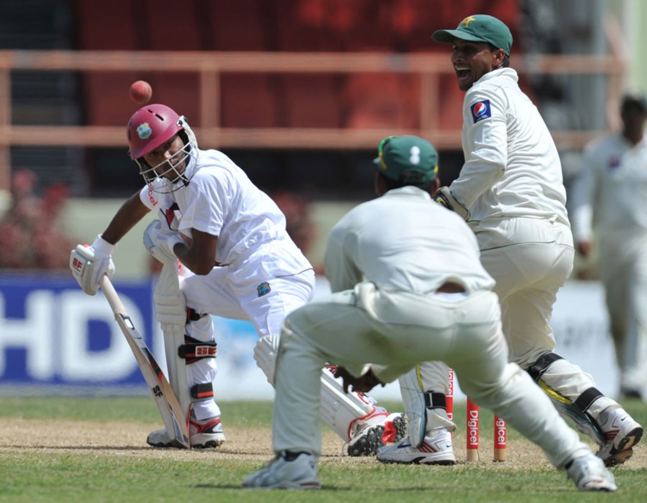 Devendra Bishoo survives a nervous moment, West Indies v Pakistan, 1st Test, Providence, 3rd day, May 14, 2011