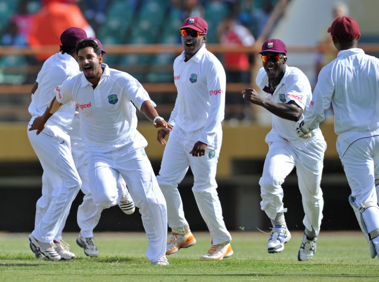 Ravi Rampaul and his team-mates celebrate Azhar Ali's dismissal, West Indies v Pakistan, 1st Test, Providence, 3rd day, May 14, 2011