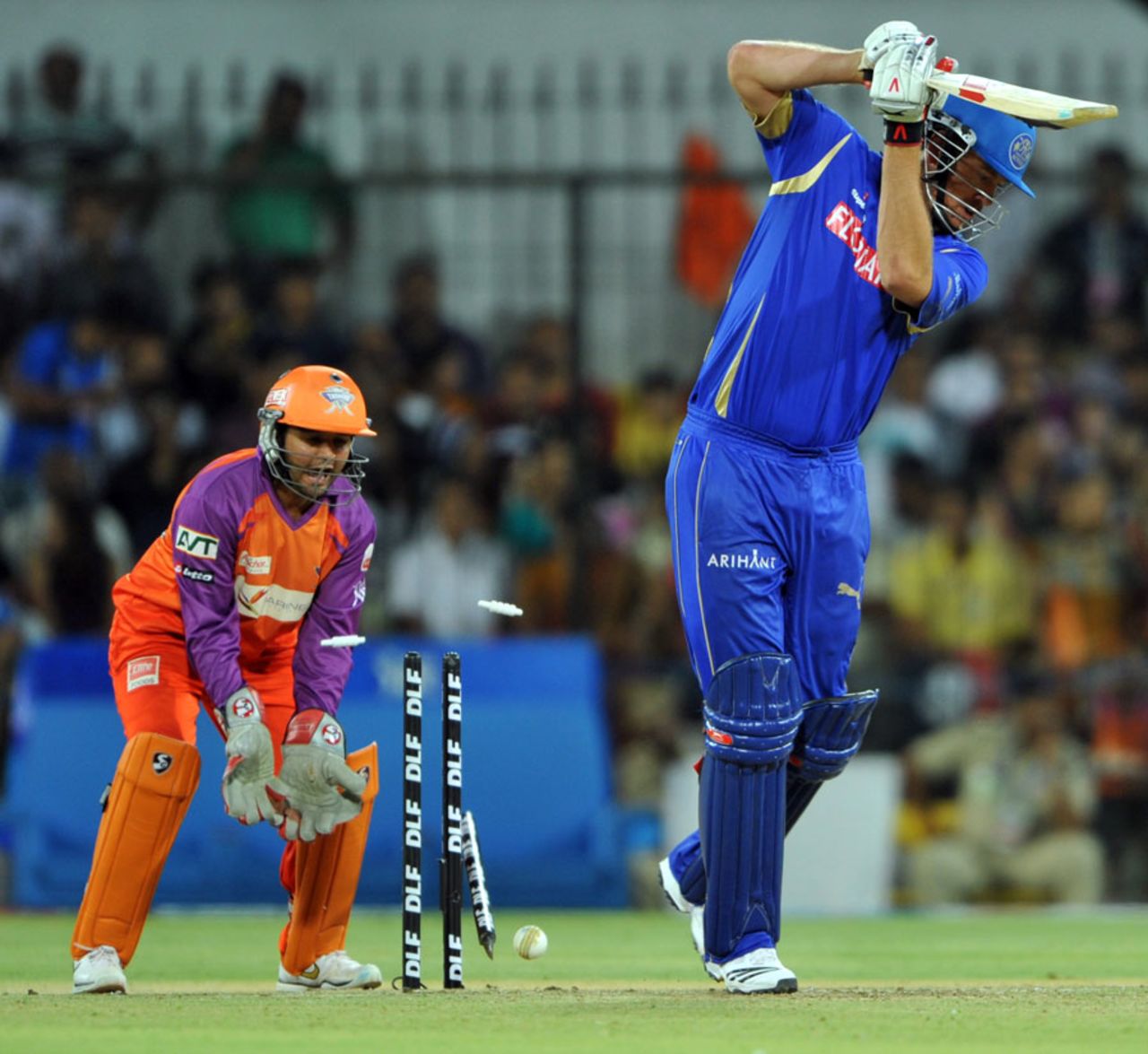 Jacob Oram is bowled for a duck, Kochi Tuskers Kerala v Rajasthan Royals, IPL 2011, Indore, May 15, 2011 