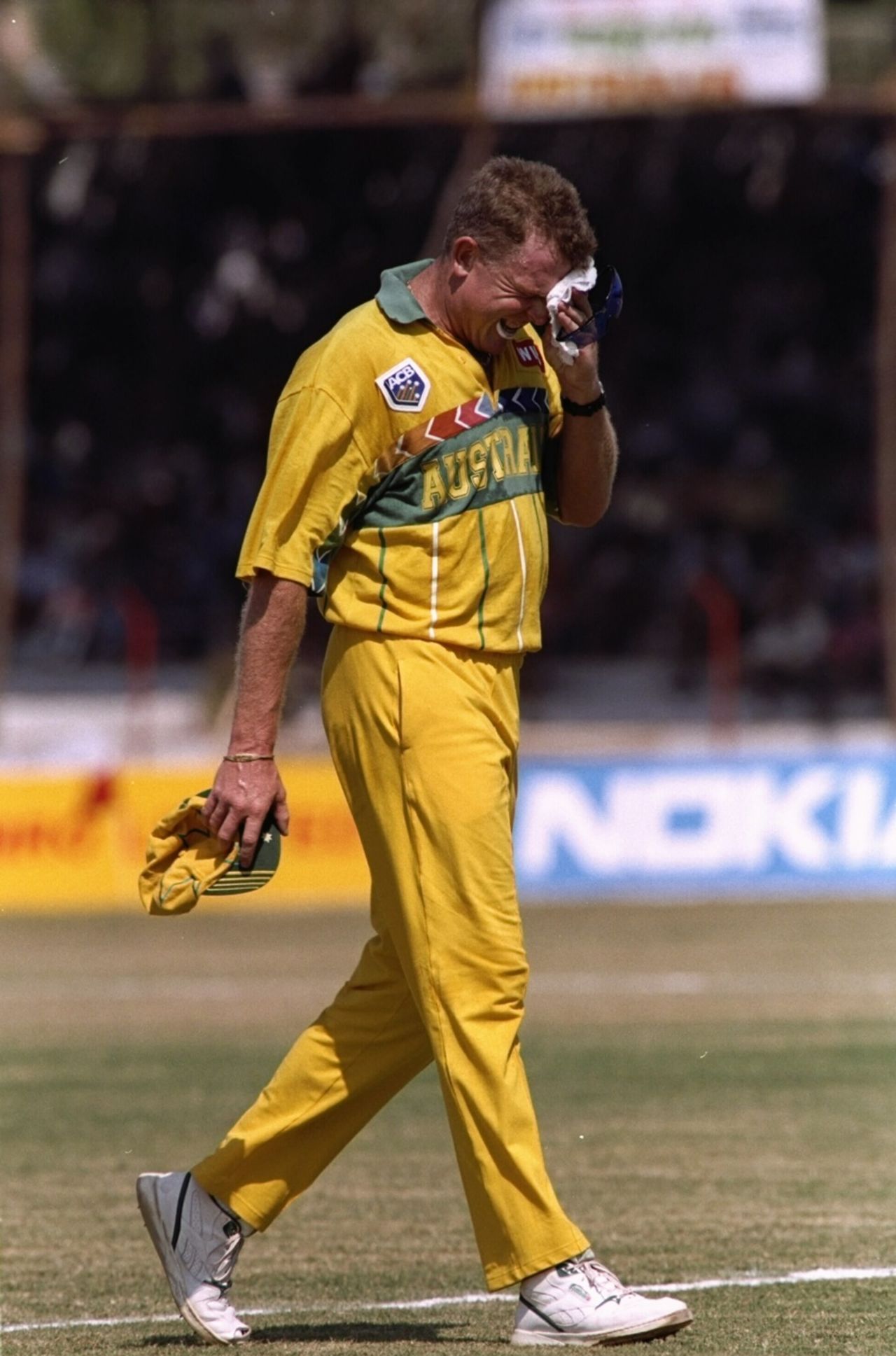 Craig McDermott exits international cricket after suffering a calf injury against Kenya in the 1996 World Cup, at Vizag, February 23, 1996.