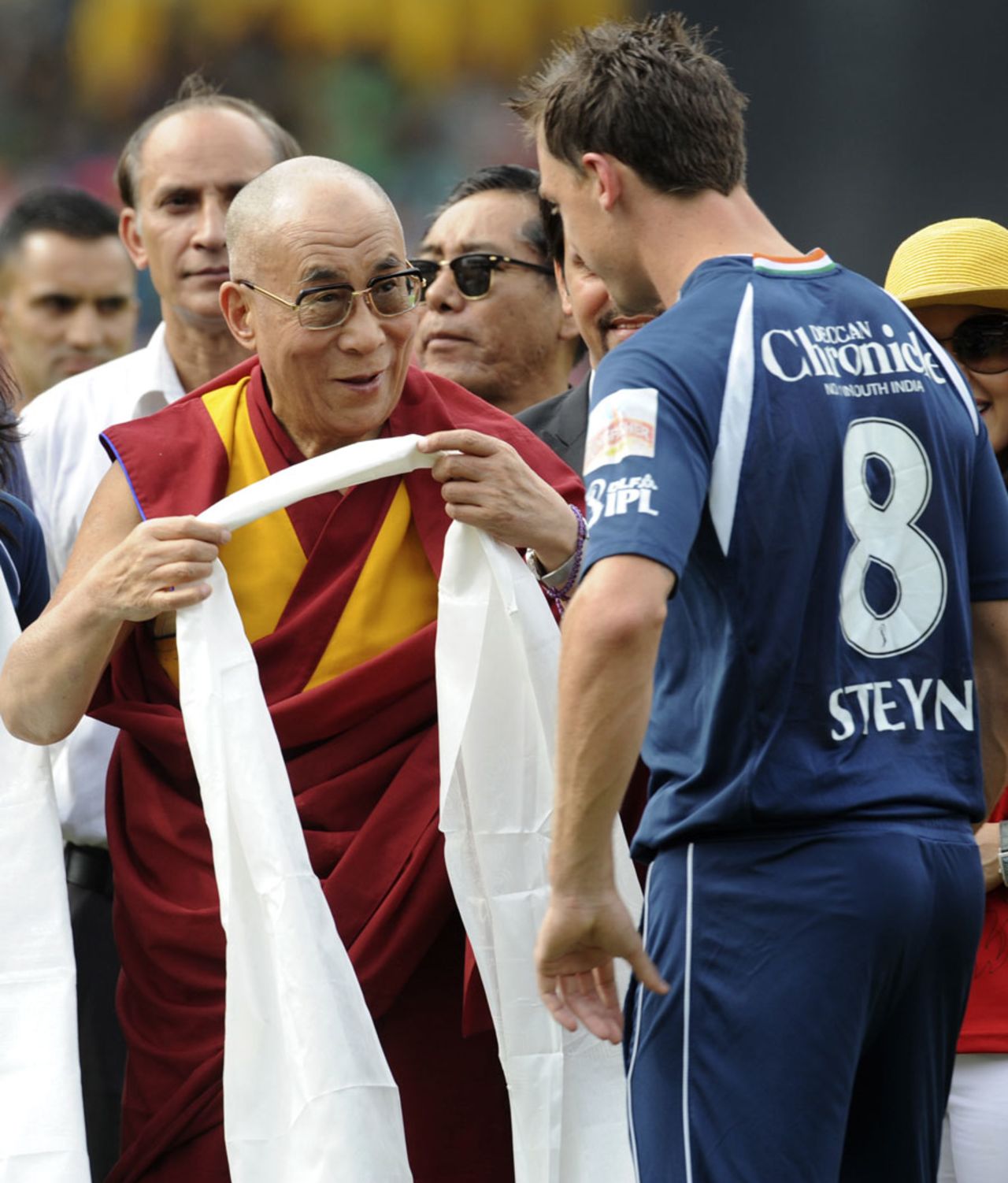 The Dalai Lama greets Dale Steyn, Kings XI Punjab v Deccan Chargers, IPL 2011, Dharamsala, May 21, 2011