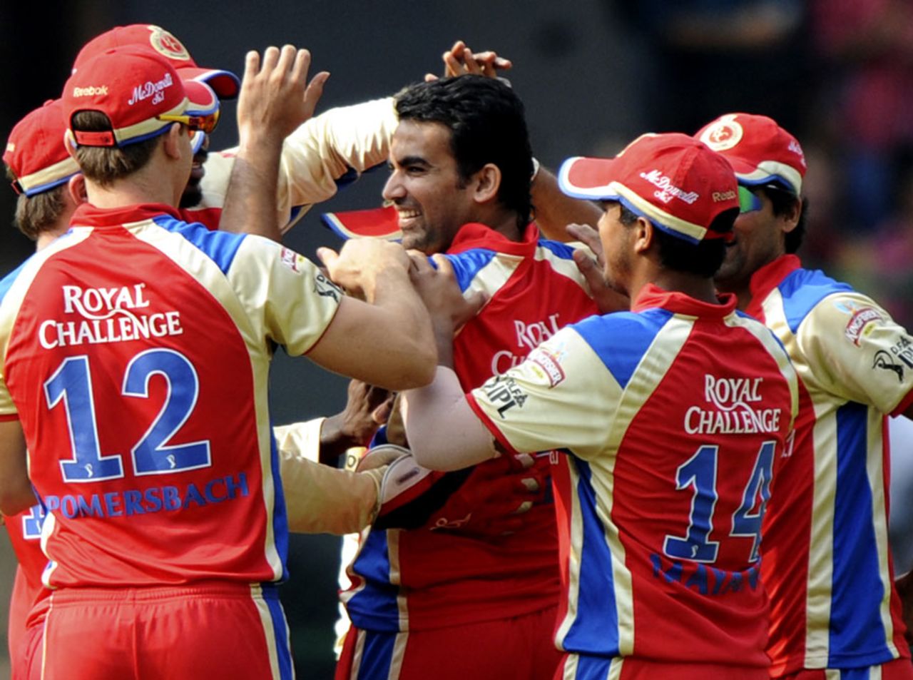 Zaheer Khan and his team-mates celebrate dismissing Michael Hussey, Royal Challengers Bangalore v Chennai Super Kings, IPL 2011, Bangalore, May 22, 2011