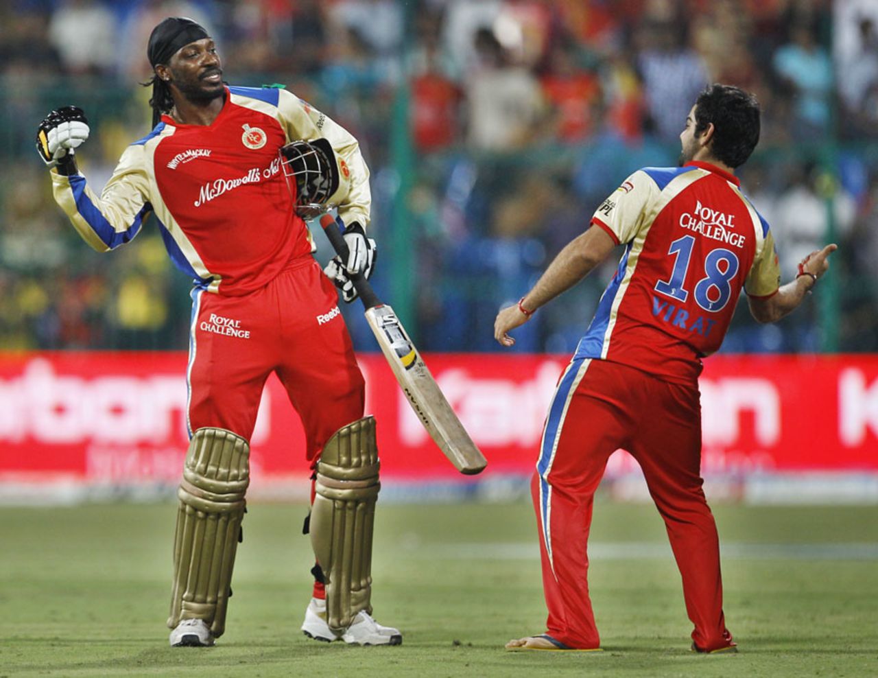 Chris Gayle and Virat Kohli celebrate Bangalore's win, Royal Challengers Bangalore v Chennai Super Kings, IPL 2011, Bangalore, May 22, 2011