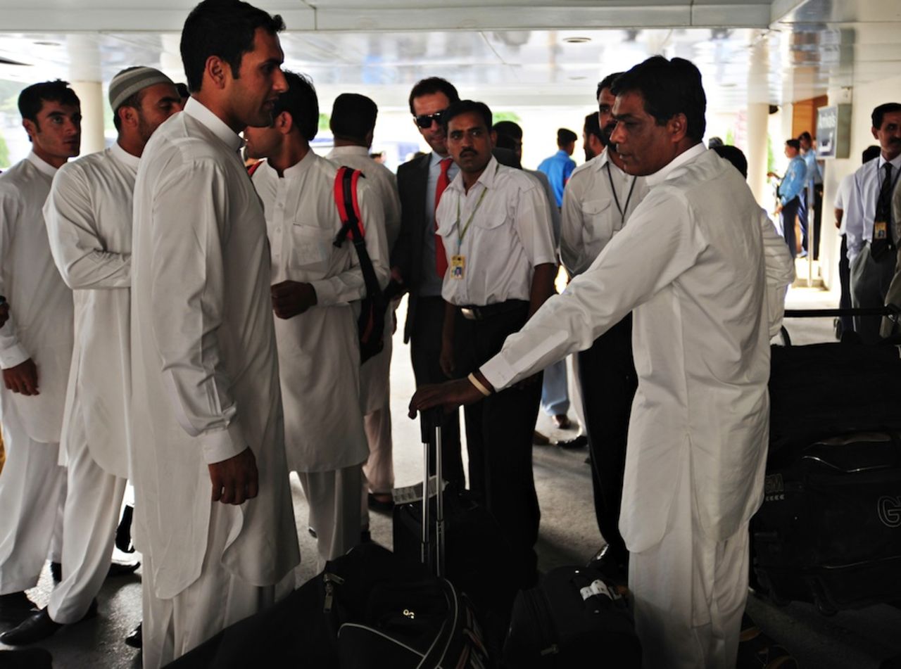 The Afghanistan players and coach Rashid Latif arrive for their series against Pakistan A, Islamabad, May 23, 2011