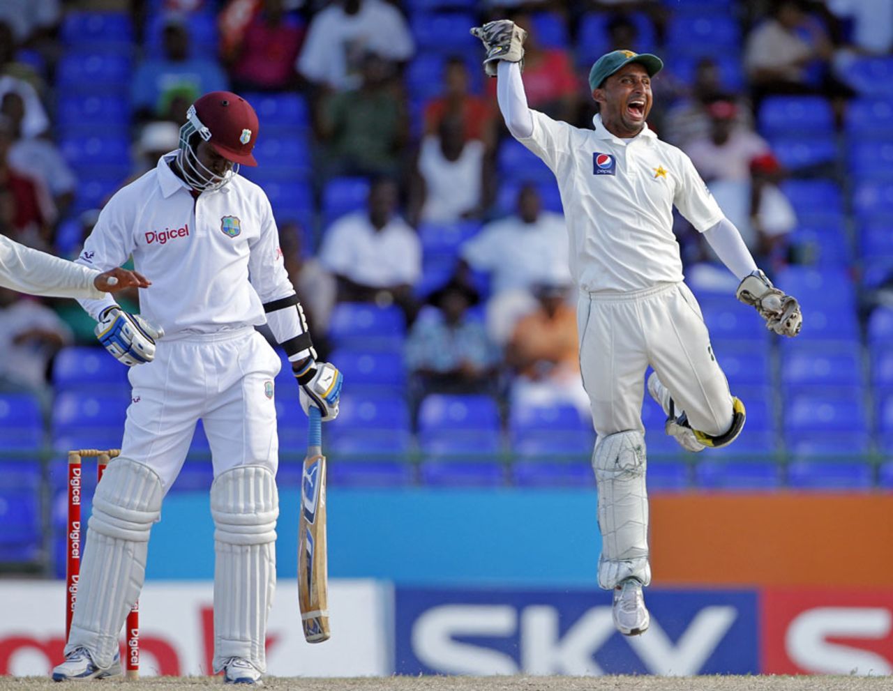 Mohammad Salman is thrilled after pouching Marlon Samuels, West Indies v Pakistan, 2nd Test, St Kitts, 4th day, May 23, 2011