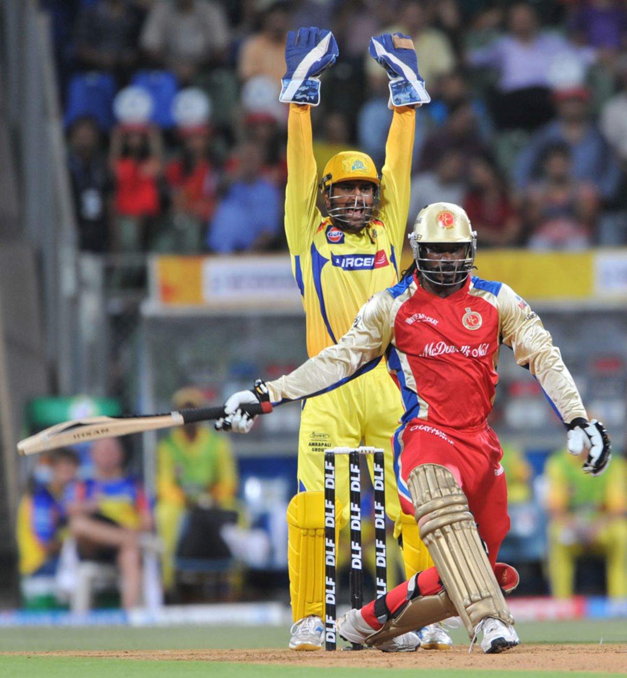 MS Dhoni appeals successfully for leg-before against Chris Gayle, Bangalore v Chennai, 1st qualifier, IPL 2011, Mumbai, May 24, 2011
