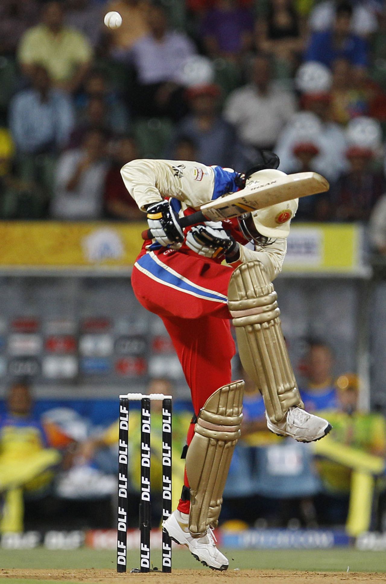 Chris Gayle is tested by a short one from Doug Bollinger, Bangalore v Chennai, 1st qualifier, IPL 2011, Mumbai, May 24, 2011