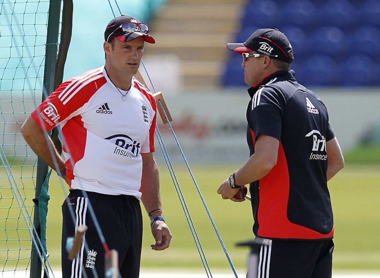Andrew Strauss and Andy Flower chat during training, Cardiff, May 25, 2011