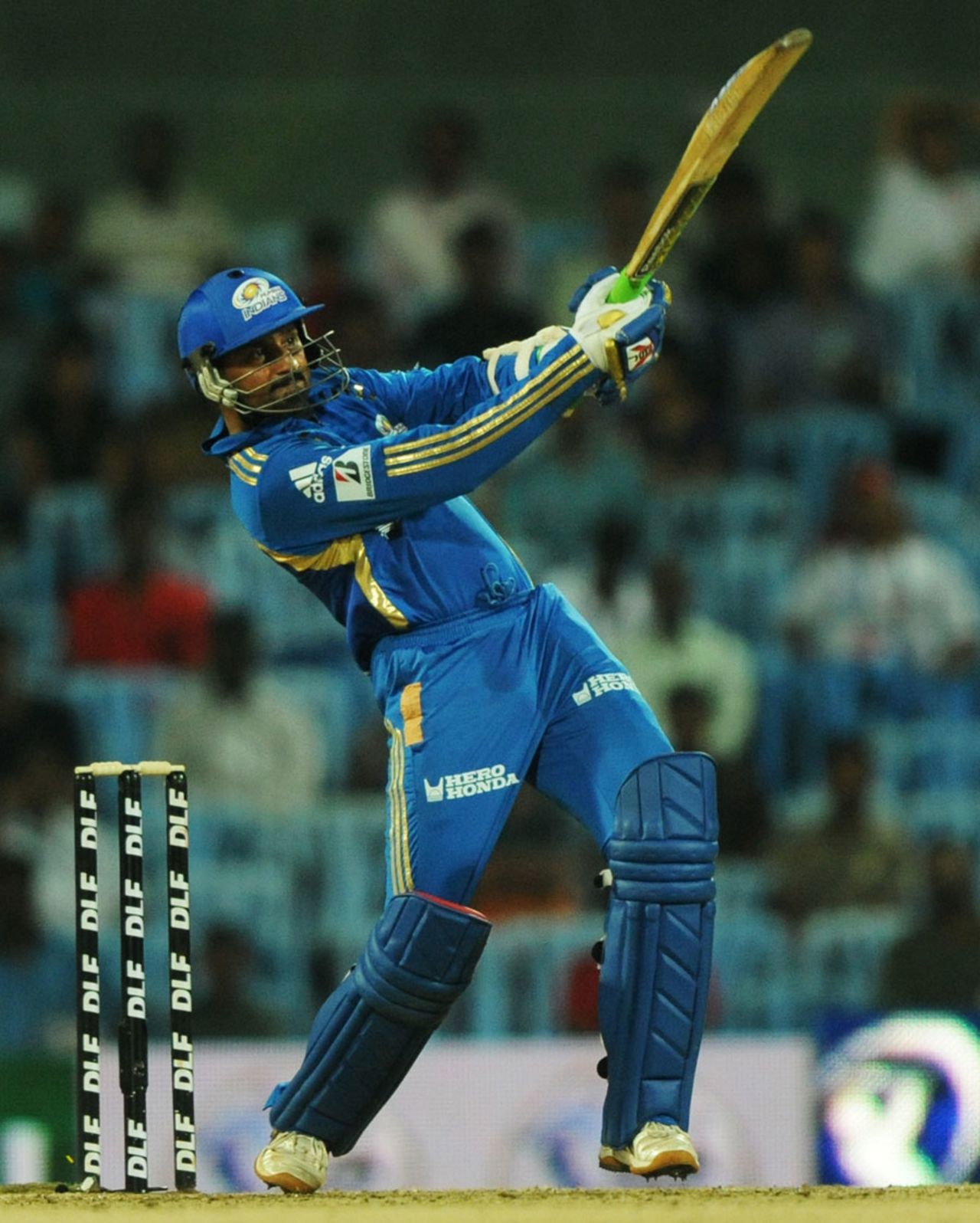 Harbhajan Singh slugs one over midwicket, Bangalore v Mumbai, 2nd qualifier, IPL 2011, Chennai, May 27, 2011
