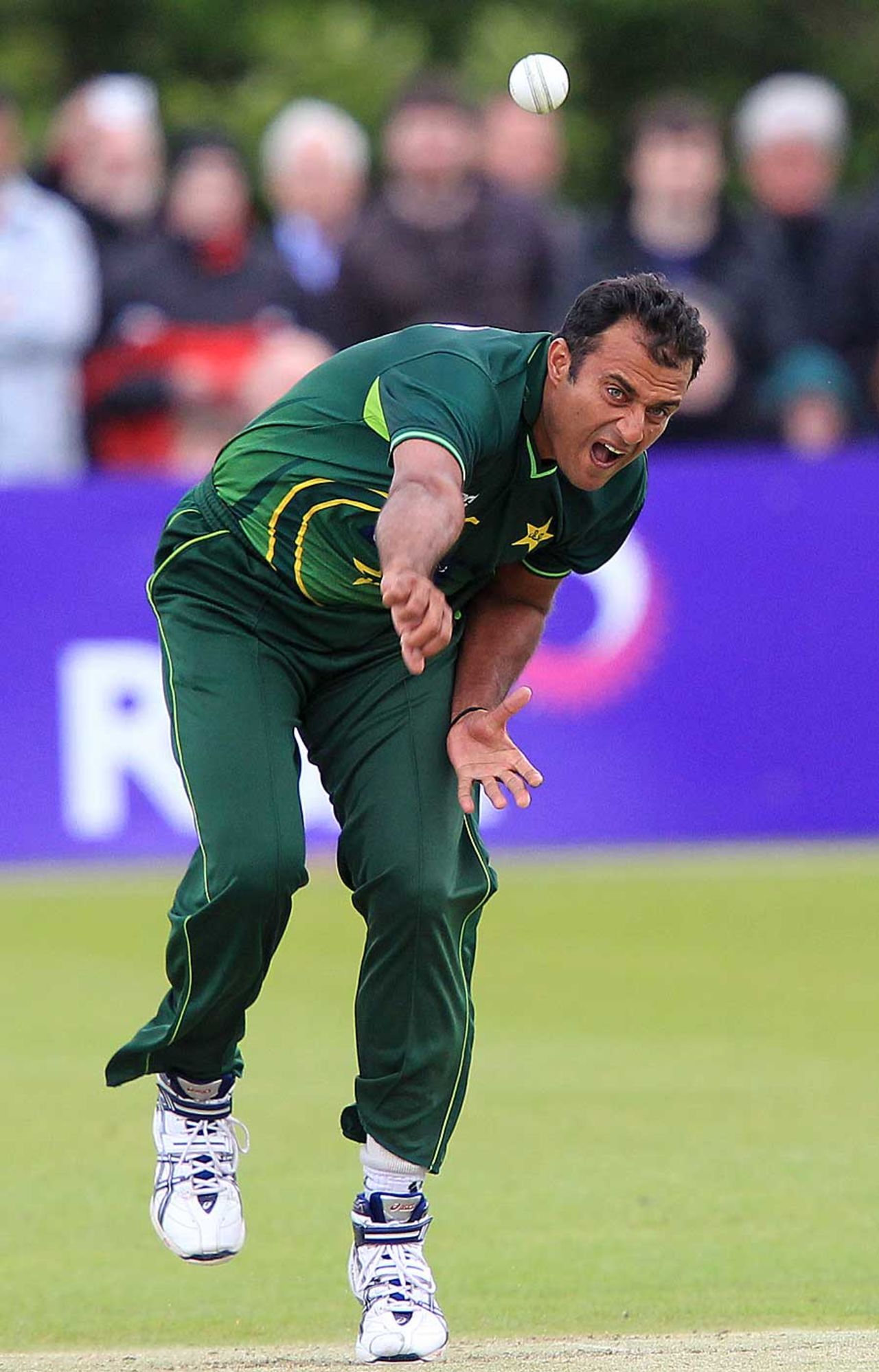 Tanvir Ahmed sends one down, Ireland v Pakistan, 1st ODI, Belfast, May 28, 2011