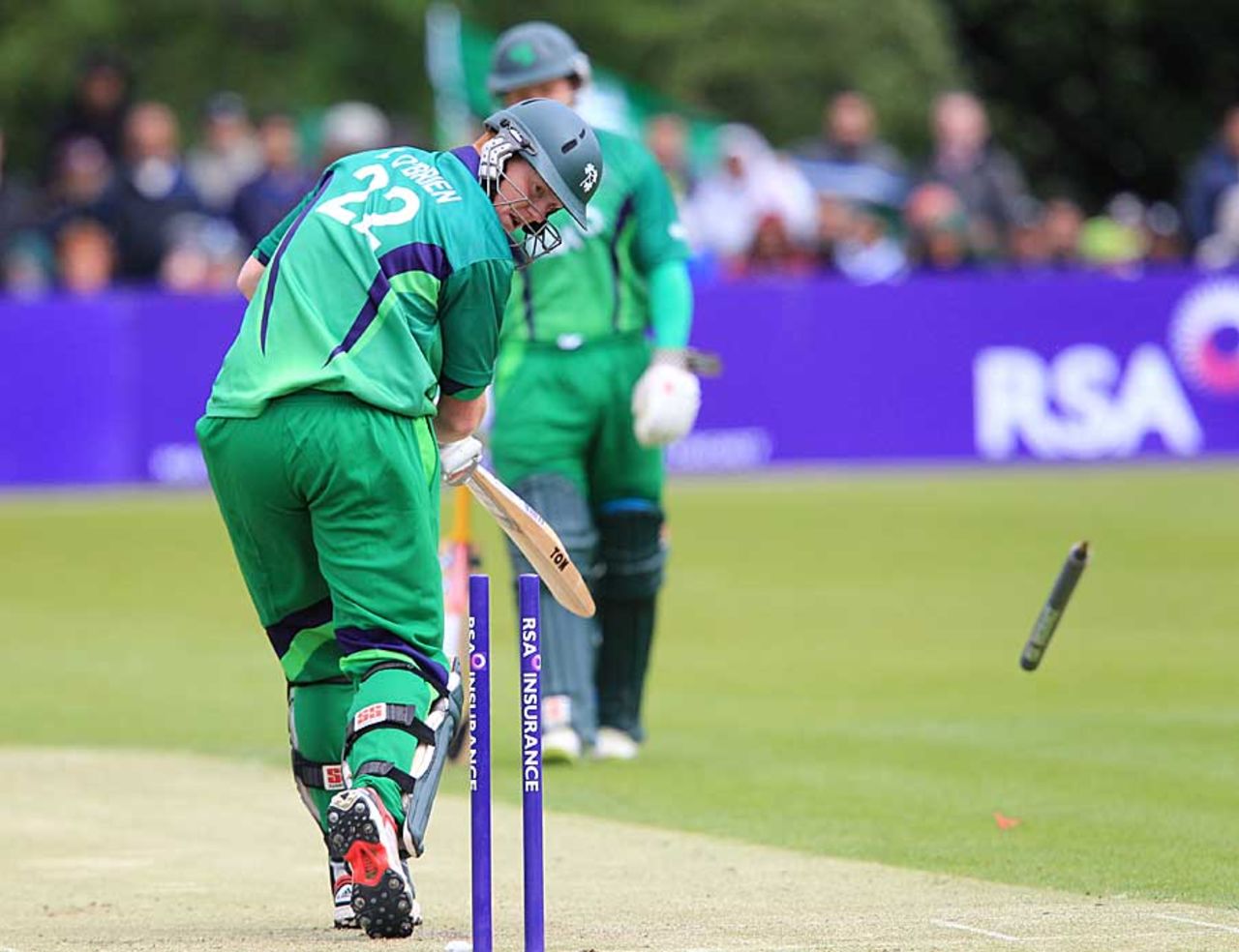 Kevin O'Brien watches his off stump disappear, Ireland v Pakistan, 1st ODI, Belfast, May 28, 2011