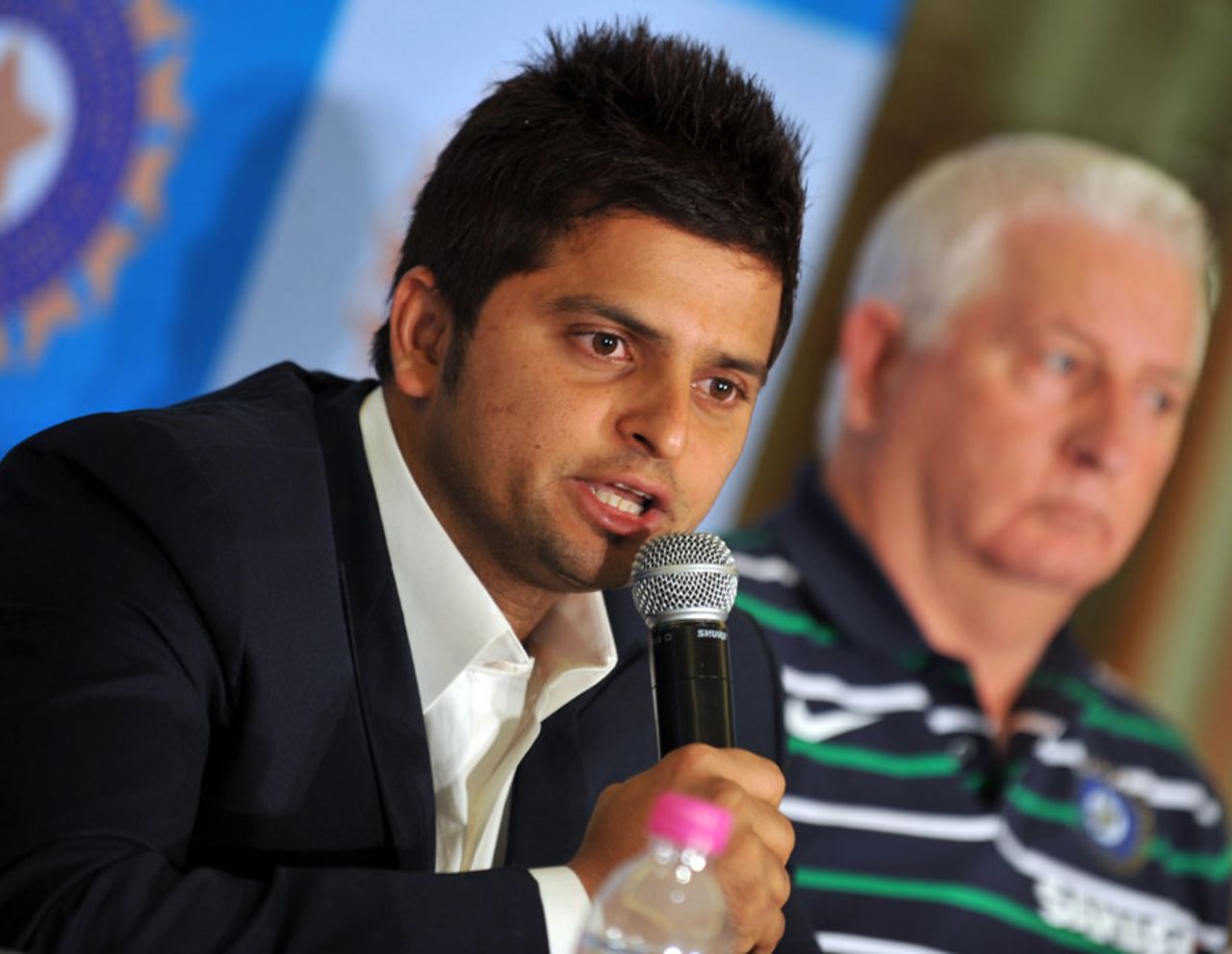 Suresh Raina talks to the press ahead of India's departure to the West Indies, Mumbai, May 31, 2011