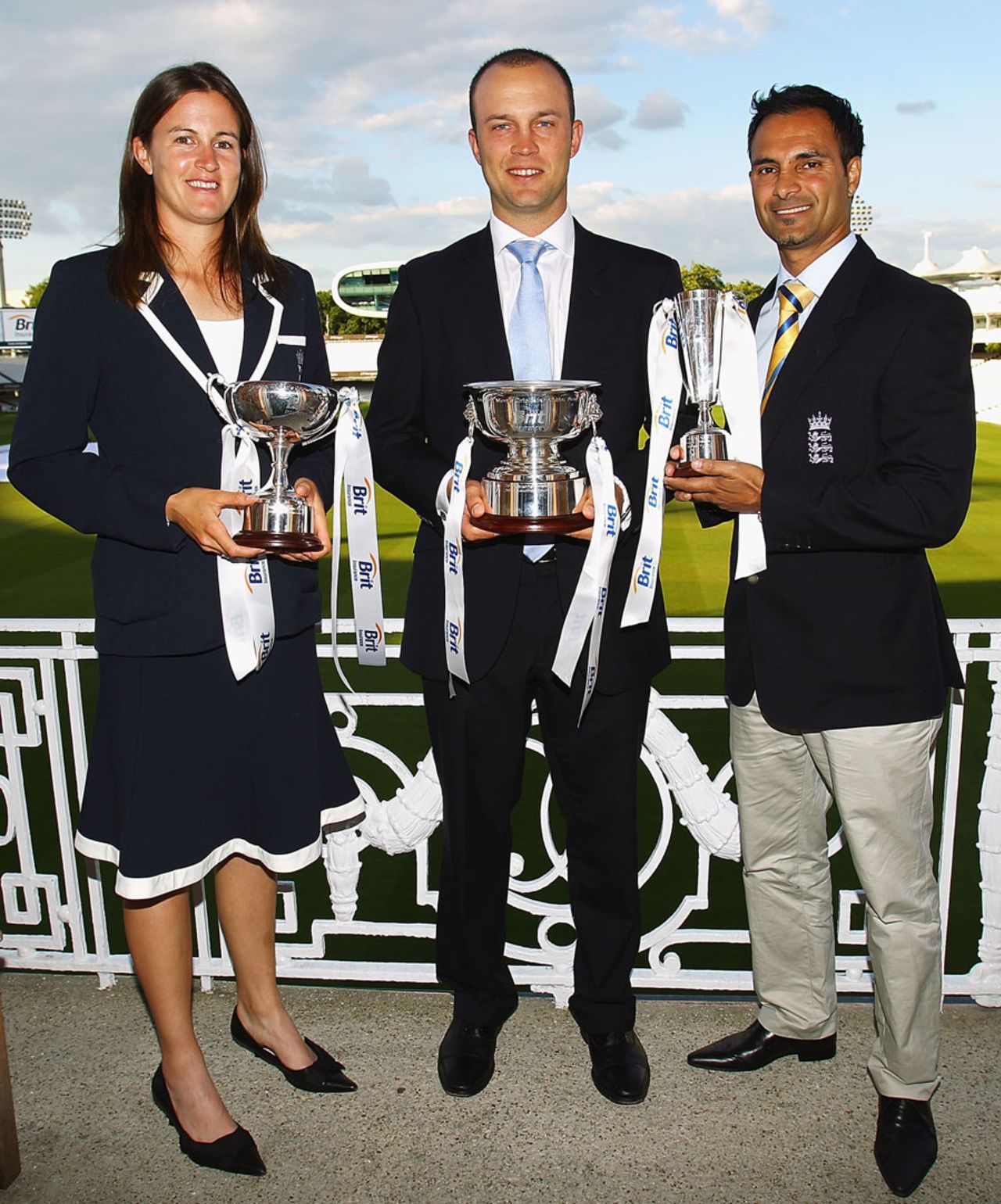 Lydia Greenway, Jonathan Trott and Umesh Valjee with the ECB women's, men's and disabled cricketer of the year awards respectively, Lord's, London, May 31, 2011