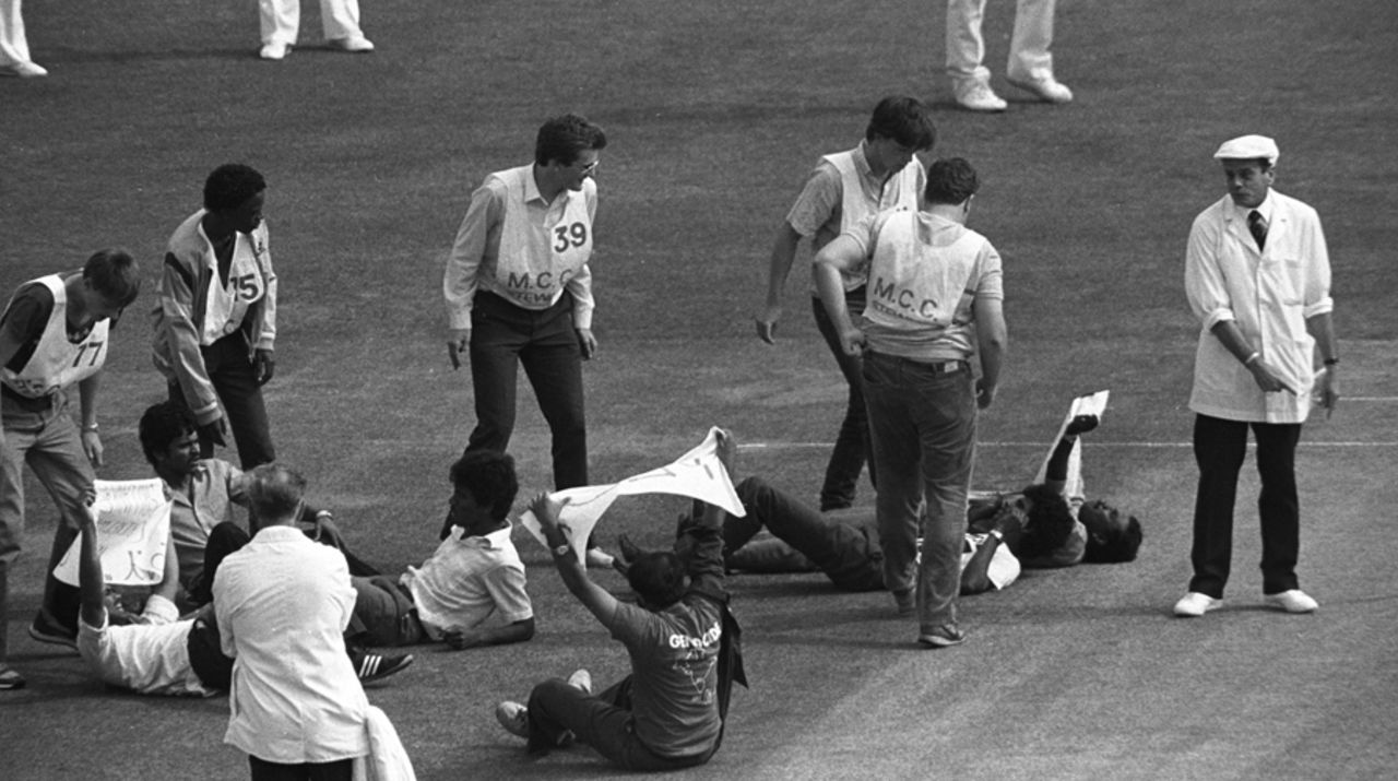 An unamused Dickie Bird  looks on as Sri Lankan protesters are removed, England v Sri Lanka, Lord's, August 23, 1984