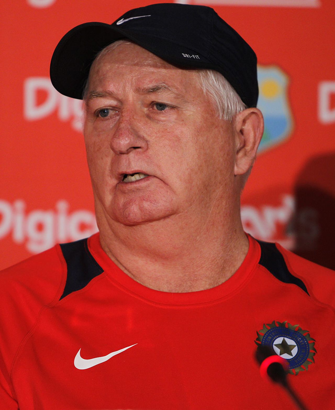 Duncan Fletcher speaks to the press ahead of his first international game as India's coach, Queen's Park Oval, Port of Spain, June 3, 2011