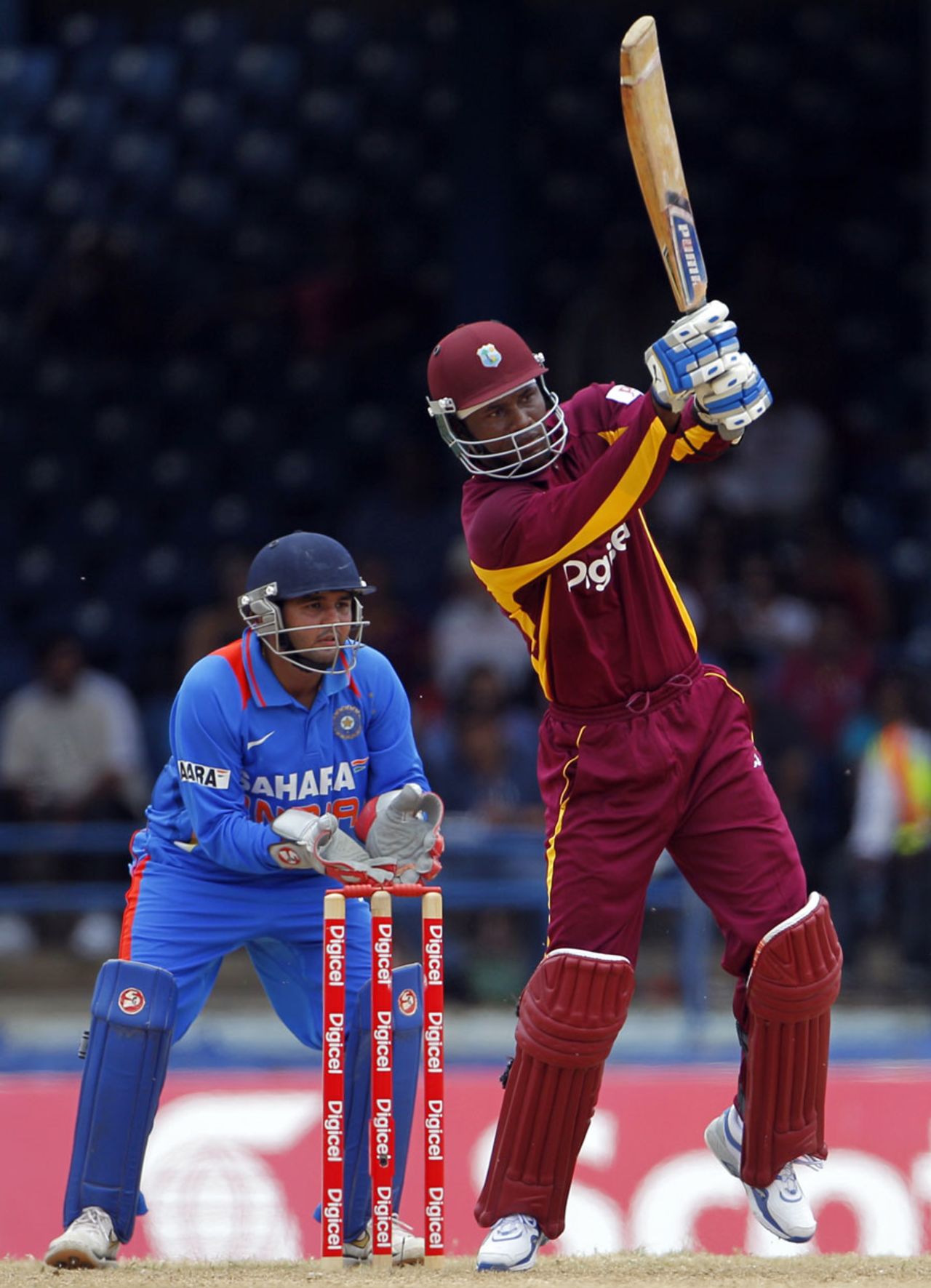 Marlon Samuels forces one down the ground, West Indies v India, Only Twenty20, Port of Spain, June 4, 2011