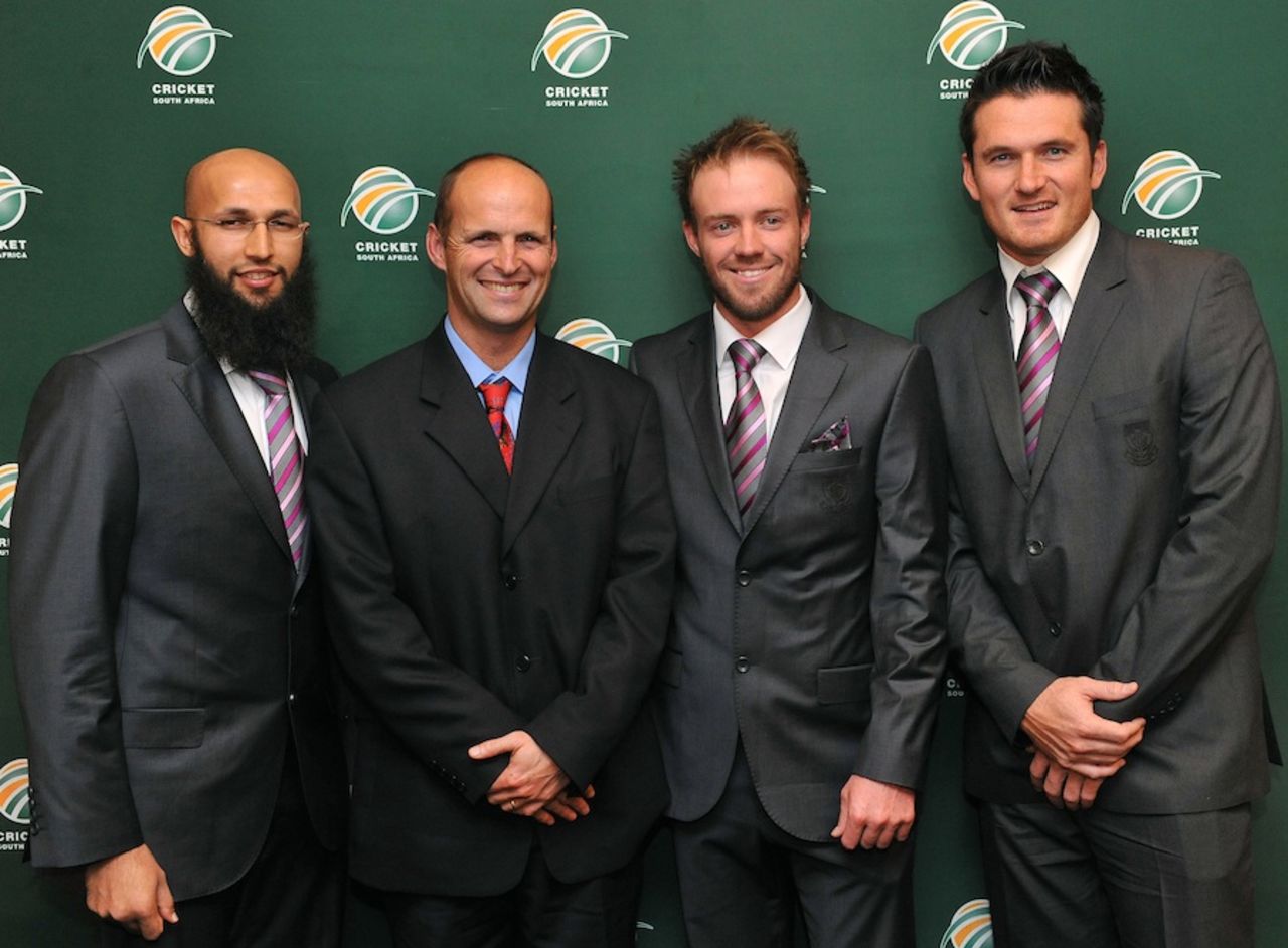 South Africa's new leadership team - Graeme Smith (Test captain), Ab de Villiers (ODI and T20 captain, Test vice-captain), Gary Kirsten (coach) and Hashim Amla (ODI and T20 vice captain), Johannesbug, June 6, 2011