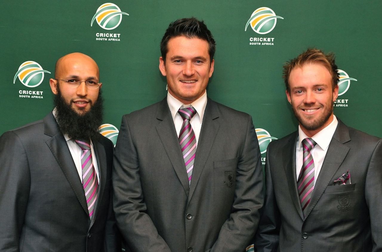 South Africa's captains and vice-captains - Graeme Smith (Test captain), Ab de Villiers (ODI and T20 captain, Test vice-captain), and Hashim Amla (ODI and T20 vice captain), Johannesbug, June 6, 2011