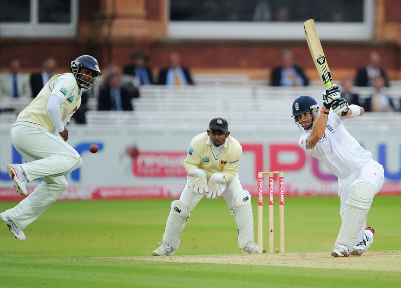 Tharanga Paranavitana takes cover as Kevin Pietersen drives powerfully, England v Sri Lanka, 2nd Test, Lord's, 4th day, June 6 2011