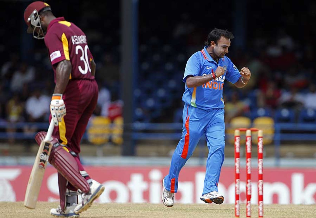 Amit Mishra bowled a tight spell in which he dismissed Kirk Edwards, West Indies v India, 2nd ODI, Trinidad, June 8, 2011