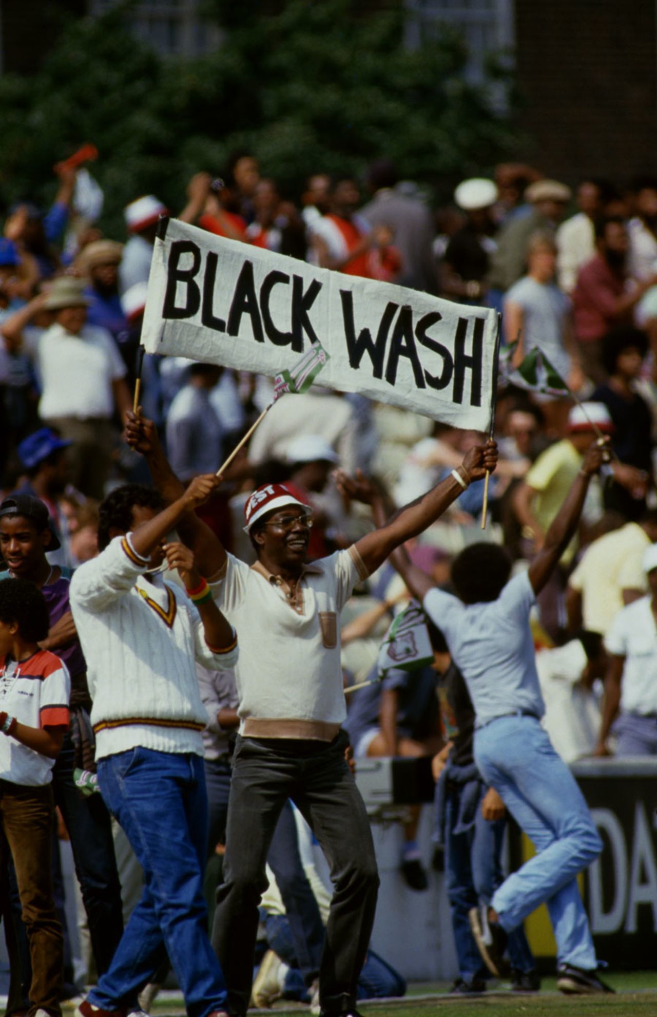 West Indian supporters hold up "black wash" posters, England v West Indies, 5th Test, The Oval, 5th day, August 14, 1984