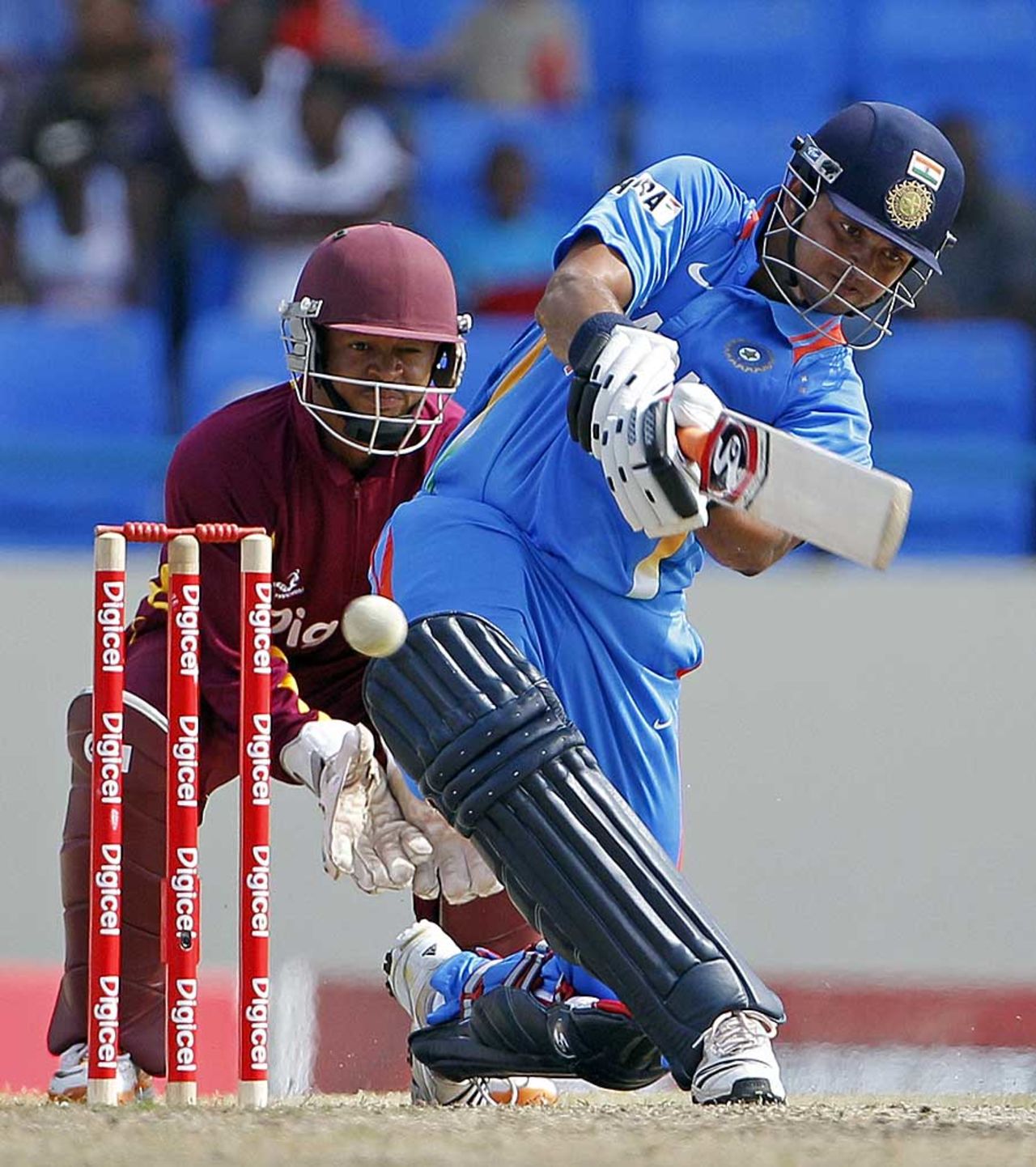 Suresh Raina fell playing the slog-sweep, West Indies v India, 4th ODI, Antigua, June 13, 2011