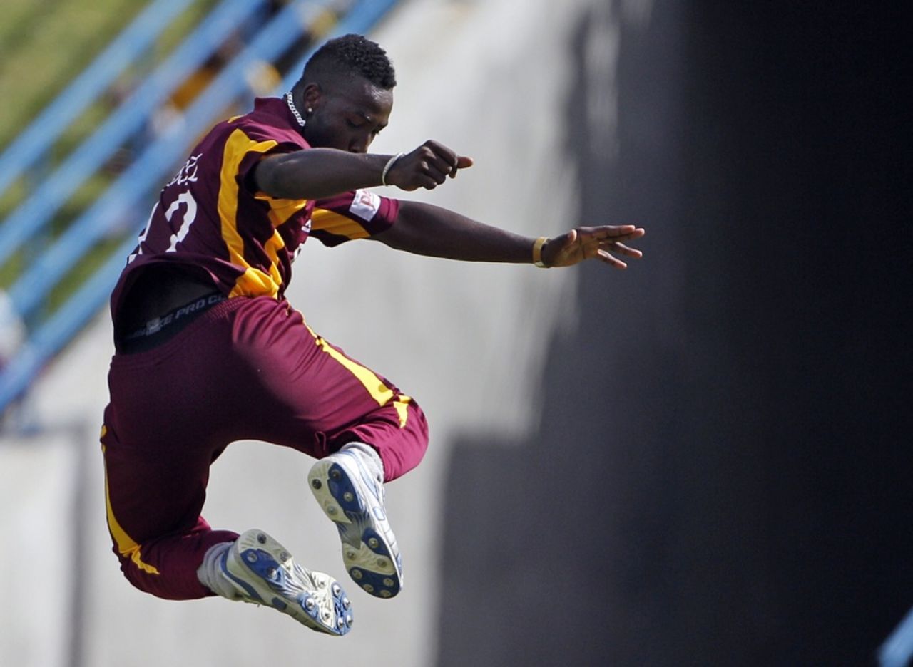 Andre Russell celebrates the wicket of Praveen Kumar, West Indies v India, 4th ODI, Antigua, June 13, 2011