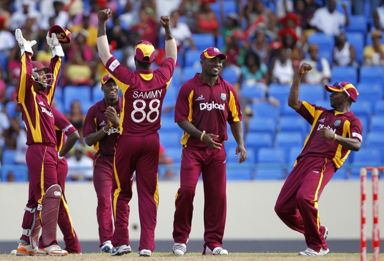 West Indies celebrate victory over India, West Indies v India, 4th ODI, Antigua, June 13, 2011