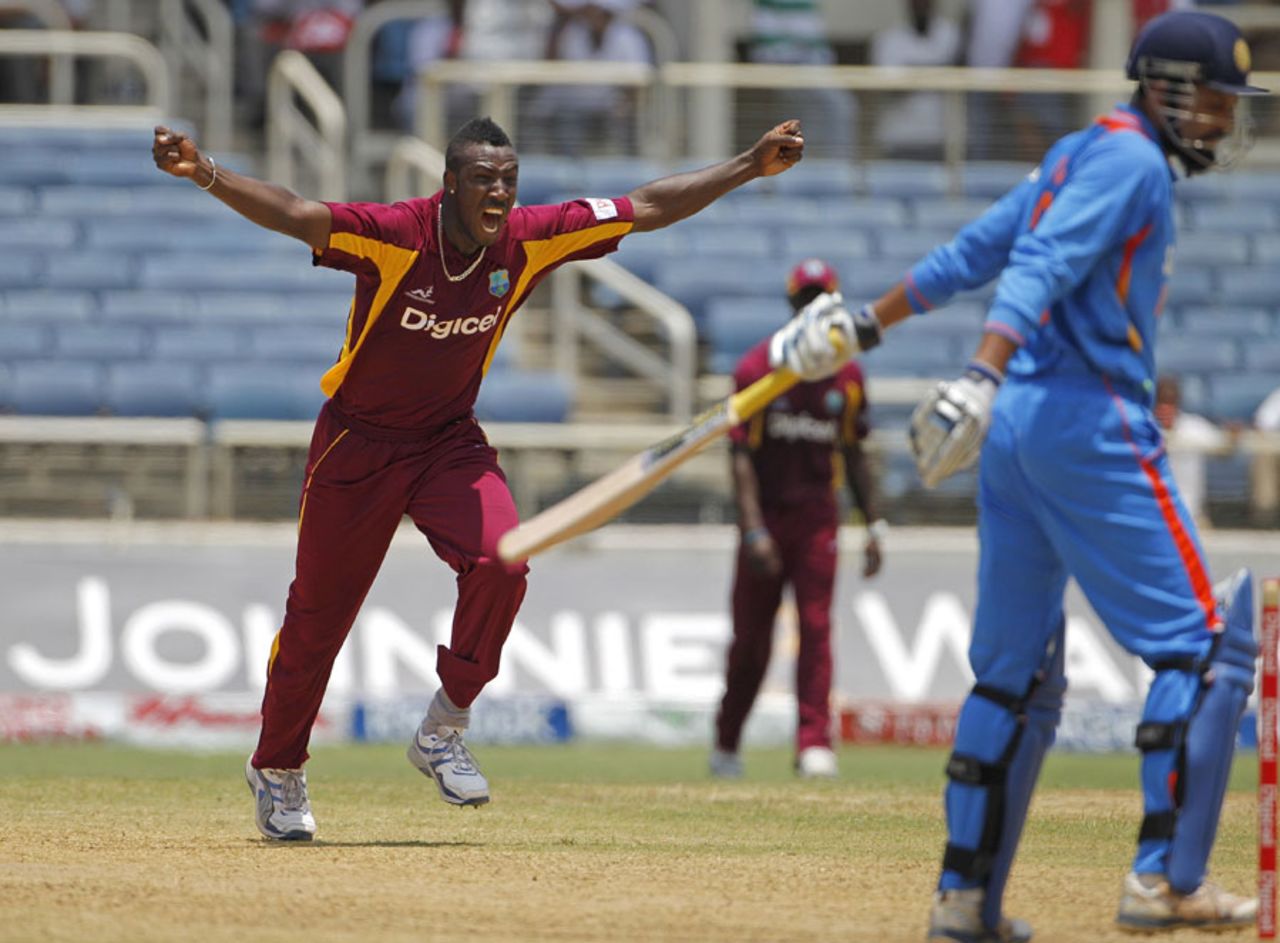 Andre Russell is delighted after having Yusuf Pathan caught behind, West Indies v India, 5th ODI, Kingston, Jamaica, June 16, 2011