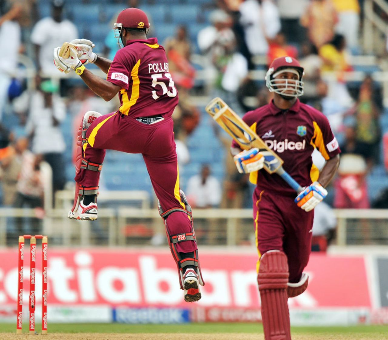 The winning moment: Kieron Pollard and Marlon Samuels, West Indies v India, 5th ODI, Kingston, Jamaica, June 16, 2011