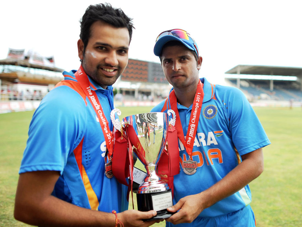 Man of the Series Rohit Sharma and Indian captain Suresh Raina with the trophies, West Indies v India, 5th ODI, Kingston, Jamaica, June 16, 2011