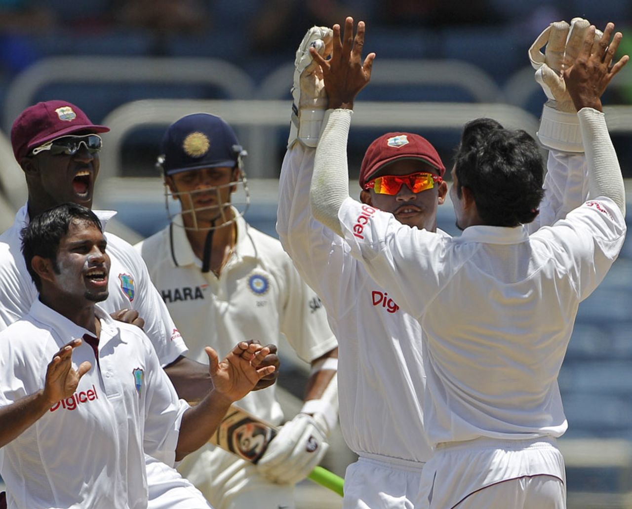 West Indies celebrate the wicket of Rahul Dravid, West Indies v India, 1st day, 1st Test, Kingston, June 20, 2011