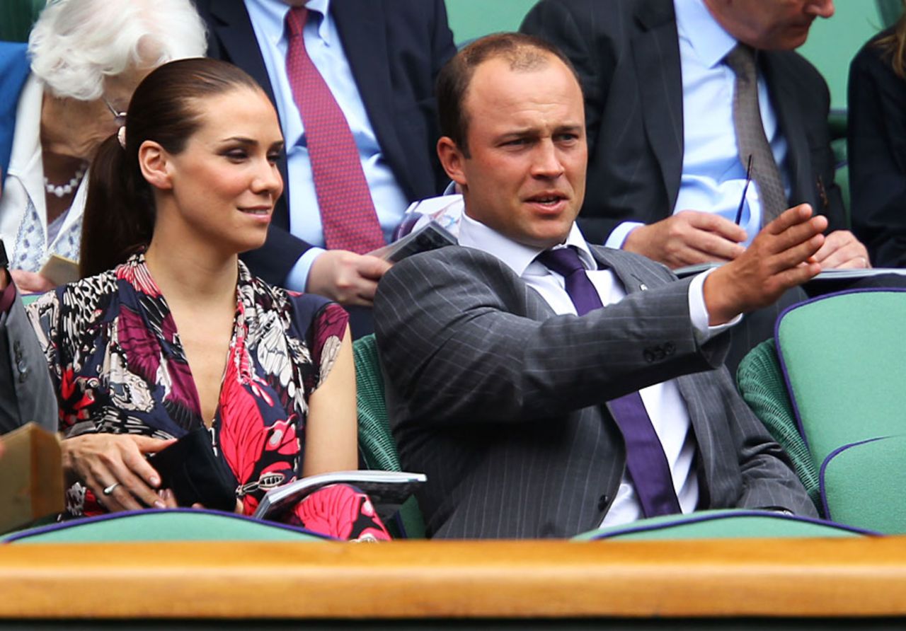 Jonathan Trott and Jessica Pietersen discuss the finer points of tennis at Wimbledon, London, June 21 2011