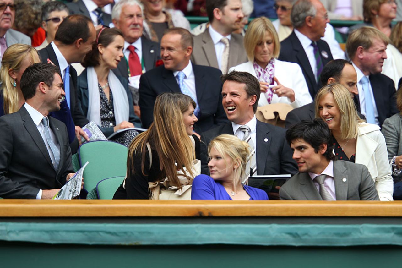 England's players and management celebrate their Test series win with a visit to Wimbledon, London, June 21 2011