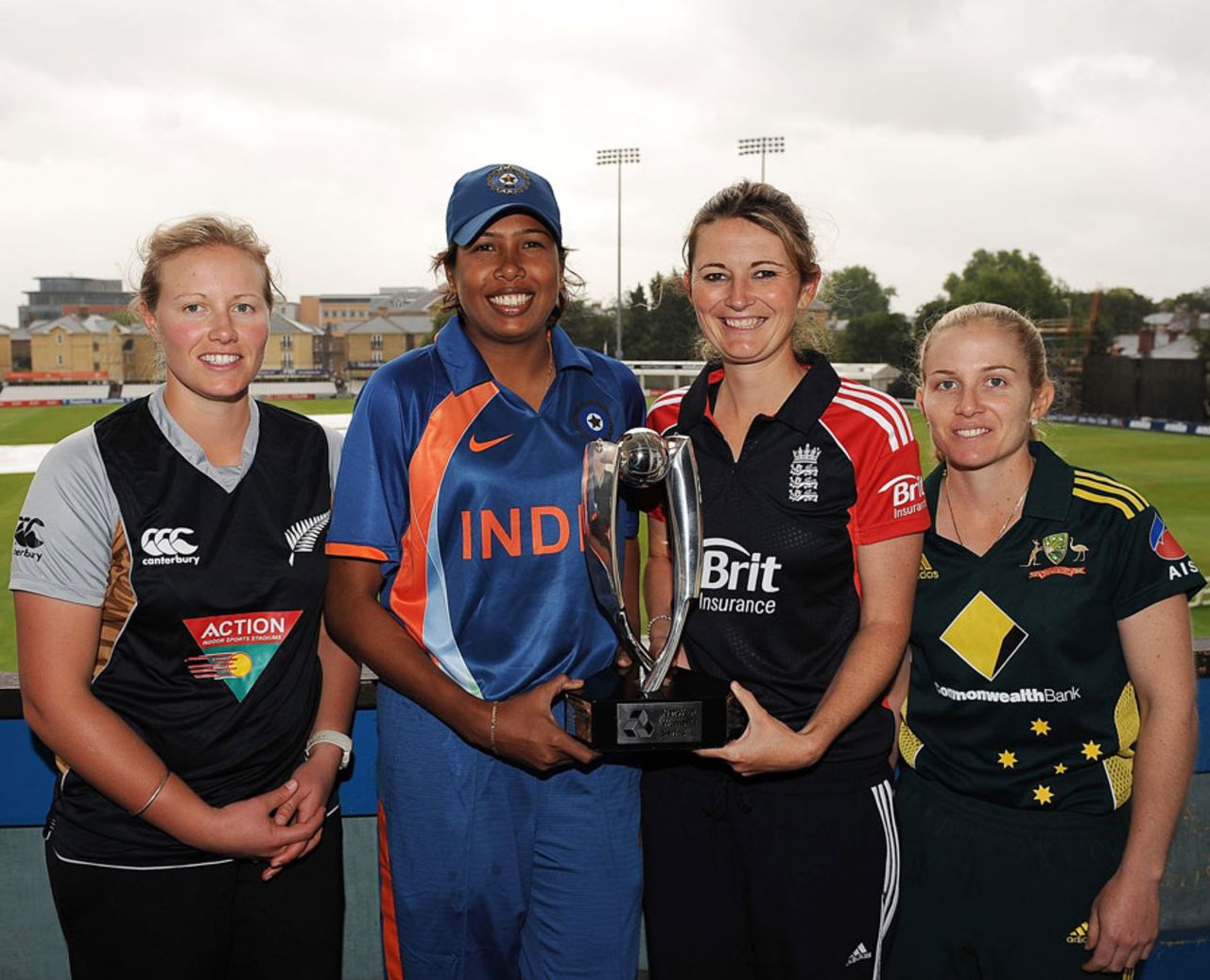 Aimee Watkins, Jhulan Goswami, Charlotte Edwards and Jodie Fields pose with the trophy, NatWest Women's T20 Quadrangular Series, Chelmsford, June 22, 2011