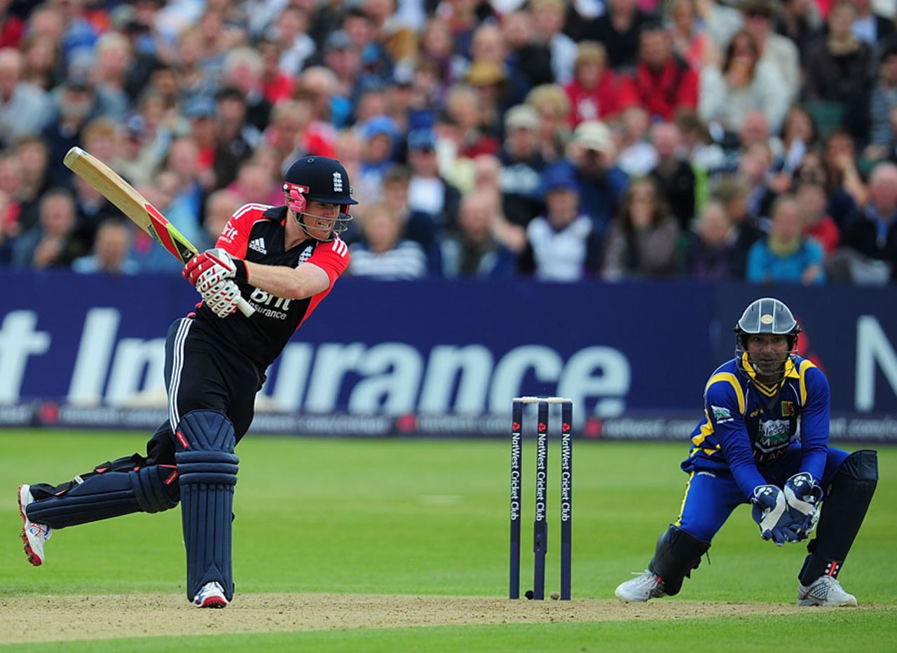 Eoin Morgan made 47 in quick time to lift England's total, England v Sri Lanka, only Twenty20, Bristol