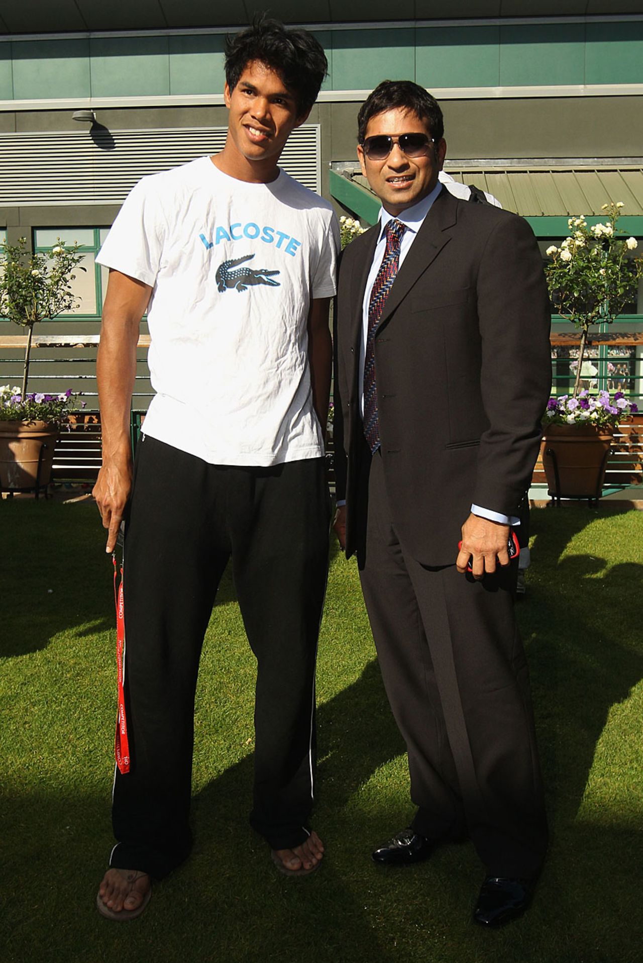 Sachin Tendulkar meets Indian tennis player Somdev Devvarman at Wimbledon, London, June 25, 2011